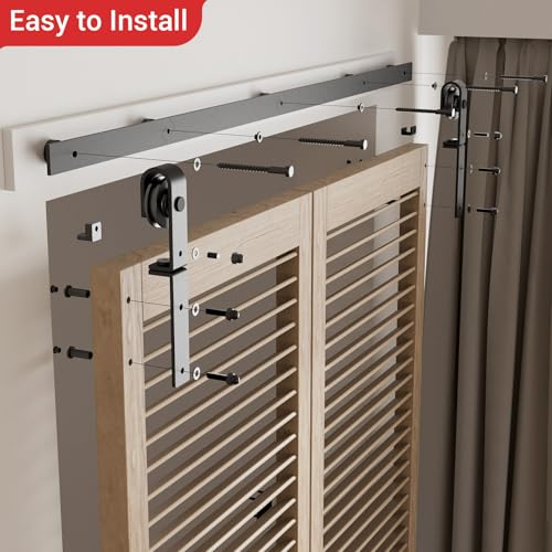 102cm/3.3FT Bifold Schiebetürbeschlag Schiebetüren Schiebetürsystem Komplettset Laufschiene Rollen Set Schwarz für 2 Holztür 48cm Breit