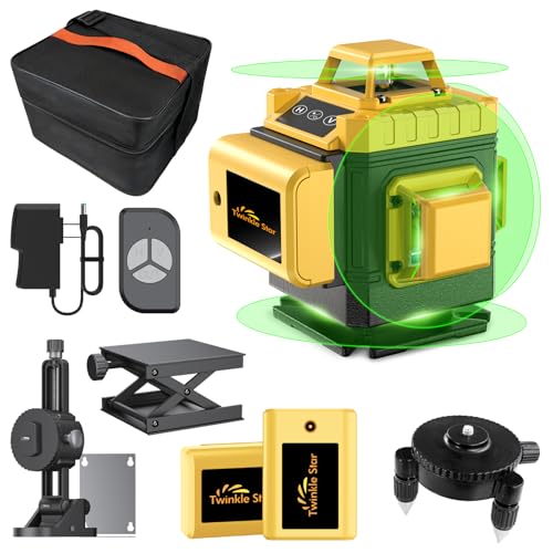 Laser Level 360 Self Leveling Twinkle Star 16 Line 4D Green Line Laser Picture Hanging Construction, 4800 mAh 2 Rechargeable battery with Remote Controller, Tool Kit, Magnetic Rotating Stand Included