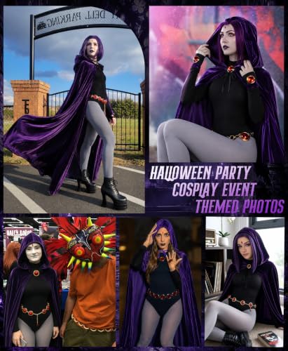 Image of Raven Costume for Women, 6 Pcs Raven Cosplay Costume Set with Purple Hooded Cloak Bodysuit Gray Tights Halloween Party Outfit