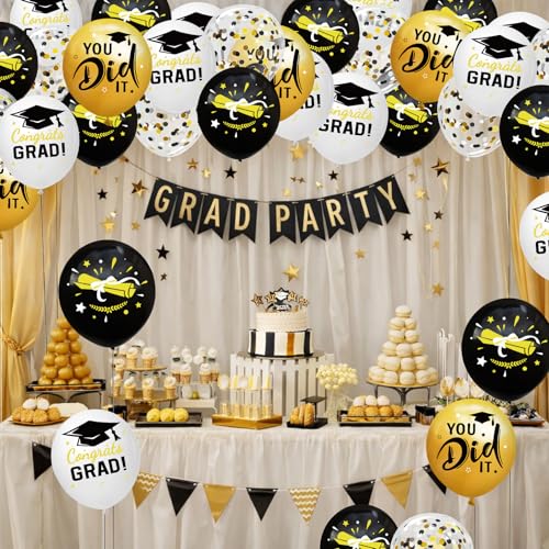 Image of Graduation Decorations 2026 - Graduation Balloons 62pcs 12 Inch Black Gold White Grad Print Latex Confetti Balloons for College High School Class of 2026 Congrats Grad Party Decor Supplies (Ribbon)