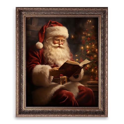 Impression murale de Noël vintage Père Noël lisant un livre art rustique 28x35cm