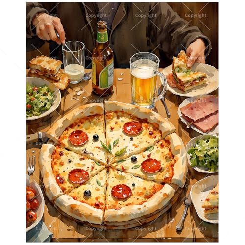 Restaurant Paint by Numbers Kit for Adults - DIY Dinner with Pizza and Beer Painting on Canvas 16x20 Inches, Acrylic Paint Set, Suitable for Beginners,Art for Dining Room Decoration or Gifts
