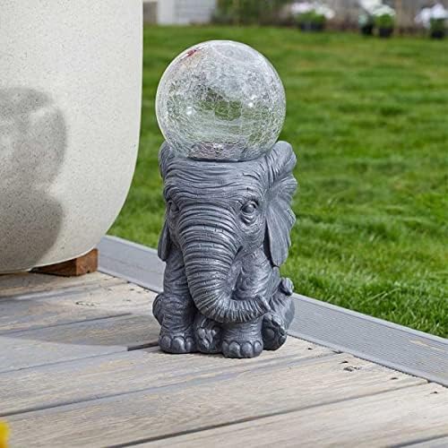garden mile Solar Powered Elephant Orb Light Up Crackle Ball Garden Ornament Colour Changing Solar Light Outdoor Light Patio Flower Bed Pathway Novelty Lamp Crystal Effect Globe Lighting Animal Decor