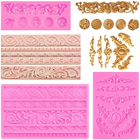 3 Pcs DIY Baroque Style Cake Border Curlicues Silicone Mold Baroque Scroll Lace Fondant Mold Vintage Curlicues Relief Lace Mould for DIY Cake Decoration, Baking, Polymer Clay, Resin