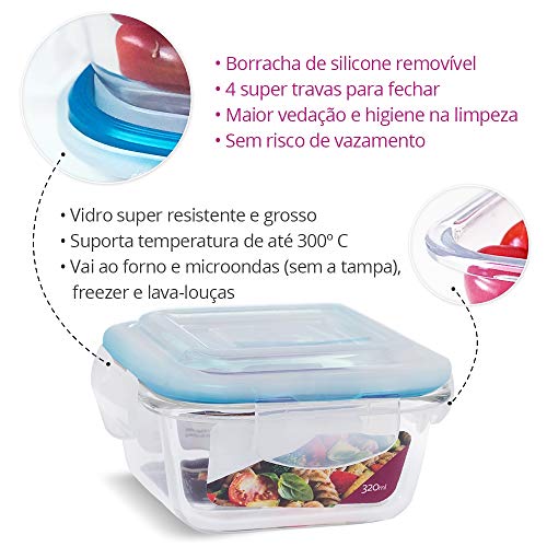 Kit Conjunto 10 Potes Vidro Hermético Tampa Plástico Marmita Mantimentos 320ml Cor:Azul (QH)