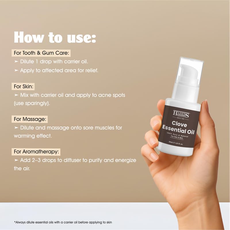 Image of Habibs Pure Clove Essential Oil - 100% Undiluted, Therapeutic Grade for Aromatherapy & Oral Care 30ML