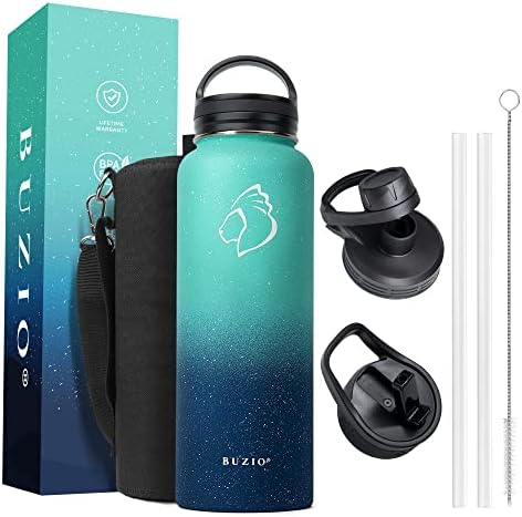 Stainless Steel Water Bottle with Straw, BUZIO Insulated Water Bottle 1L Spout Lid Hand Lid and Carrying Pouch Double Wall Leakproof BPA Free Water Falsk Travel Thermo Bottle, Indigo Crush