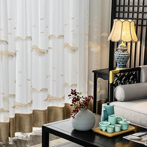 BCughia Voile Sheer Curtains 72 inch Long 2 Panels, Landscape Ink Painting Pinch Pleat Window Curtains for Living Room Bedroom Each Panel 40" W x 72" L, Beige Brown - Image 2