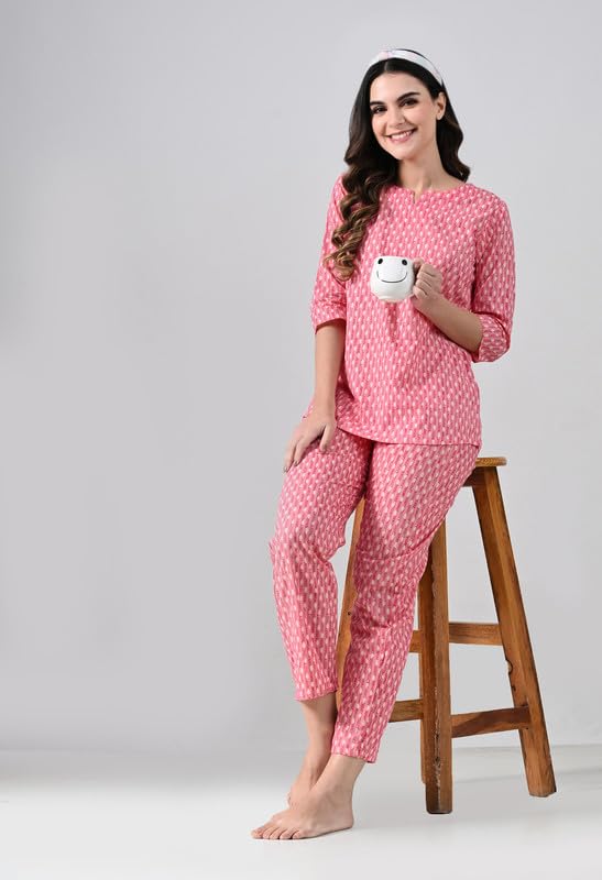 Image of Ichaa Women's Cotton Nightwear Set - Printed Top & Pajama