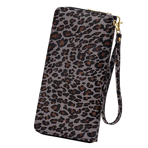 Wozeah Women's Rfid Blocking Pu Leather Zip Around Wallet Clutch Large Travel Purse (Gray Brown Leopard Print) #TOP6