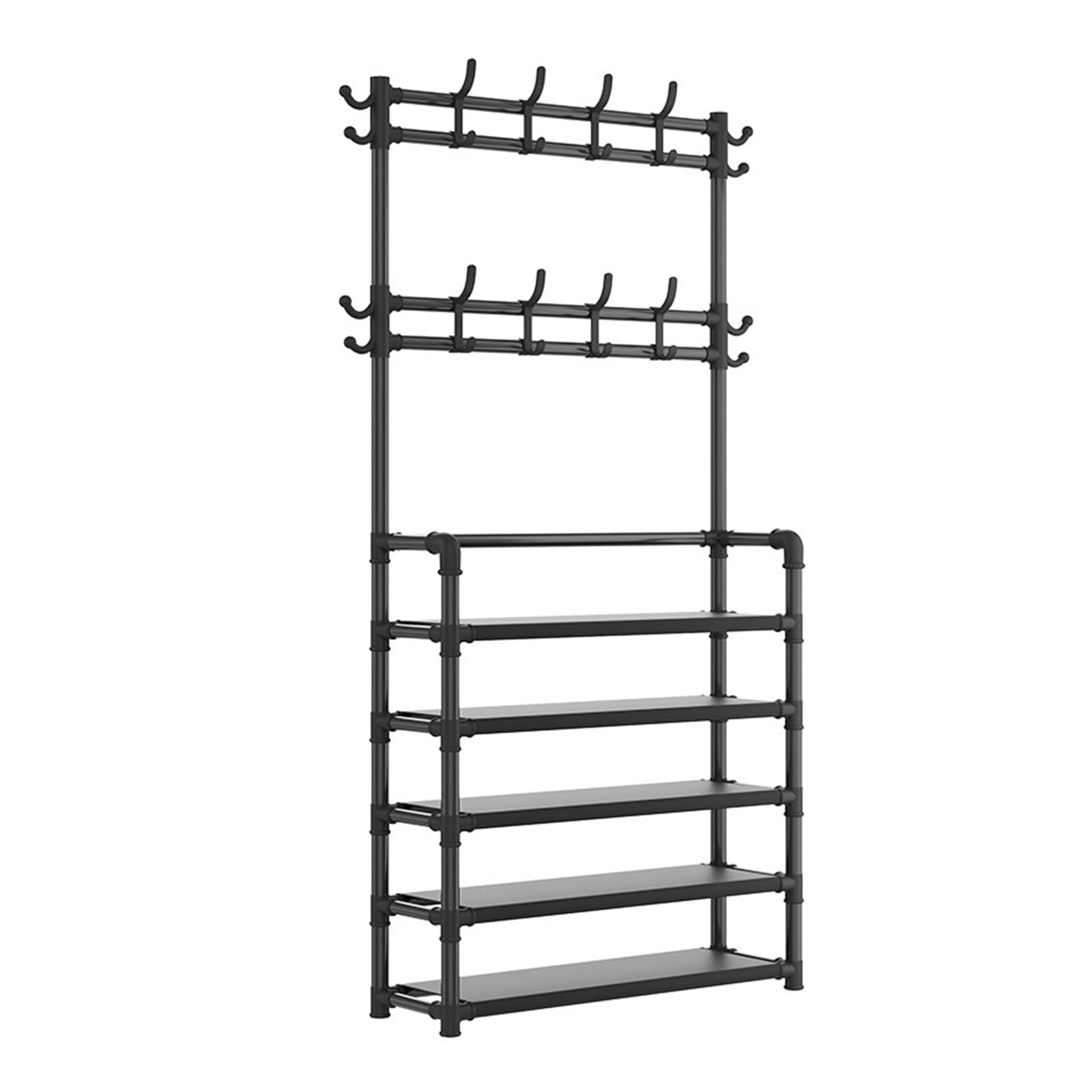 HYLYGFH Metal Hall Tree Coat and Shoe Rack with 4/5 Tier Shelf 16 Hooks Free Standing Entryway for Clothes Shoes Hats Bags and Umbrellas