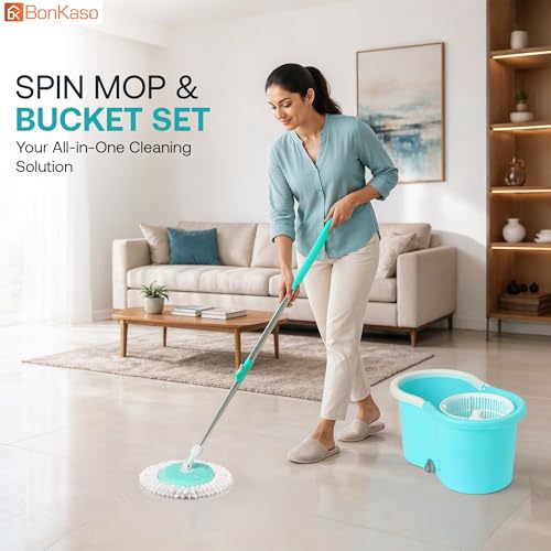 Image of BonKaso Plastic Spin Mop Bucket, Moppers for Cleaning Floor, Mop Set Extendable Handle, Removable Wringer 360 with Floor Cleaner Mopping Stick (Round Mop Set)