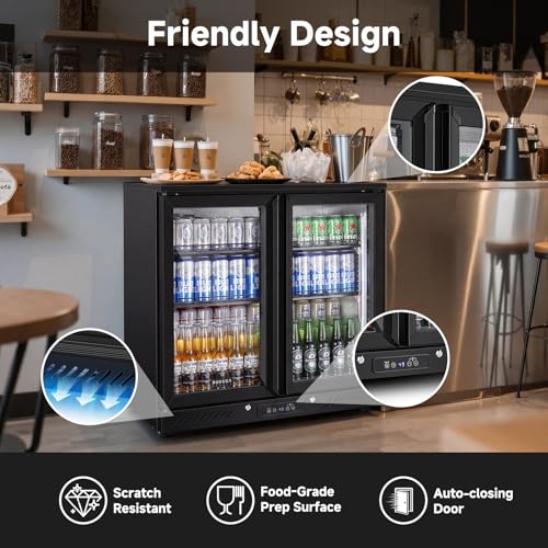 Image of BODEGACOOLER Back Bar Cooler, 2 Door Commercial Beverage Refrigerator | 7.4 Cu.Ft Holds 209 Cans /117 Bottles, Under Counter Bar Fridge with LED light & Low-E Self-Closing Glass Doors