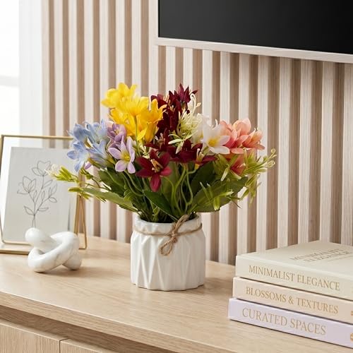 Image of Dekorly Artificial Lavender Plant in White Pot, 18cm - Realistic Faux Flower Arrangement for Home & Office Decor (Set of 1) (1, Multi Colour Lily Flower)