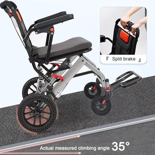 Silla de ruedas de aluminio portátil ligera con freno de mano, silla de ruedas plegable para adultos, ruedas traseras de 8 pulgadas