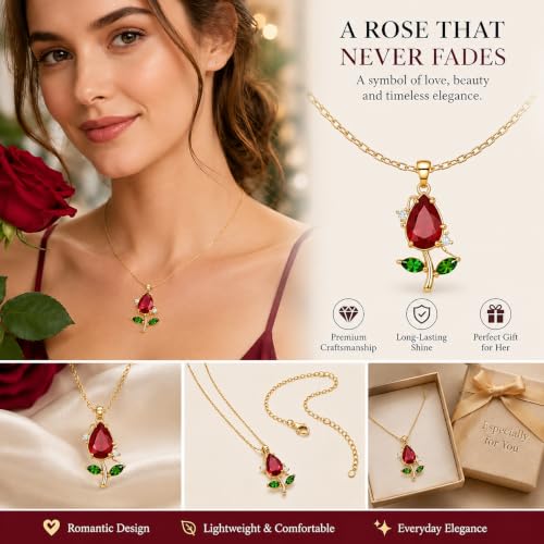 Image of Gold-Tone Rose Pendant Necklace for Women with Red Crystal, Floral Charm Chain Stainless Steel Anti Tarnish Waterproof Hypoallergenic, Gift for Her