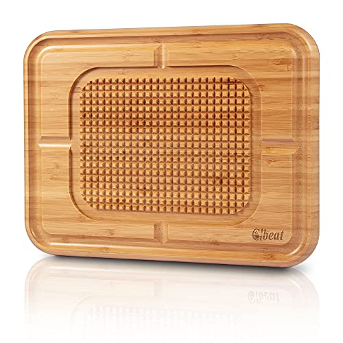 2 inch Thick Carving Cutting Board, Large Turkey Bamboo Board with Juice Groove, Kitchen Wood Chopping Board, Heavy Duty, Reversible, Serving Tray with Spikes (17"x14")