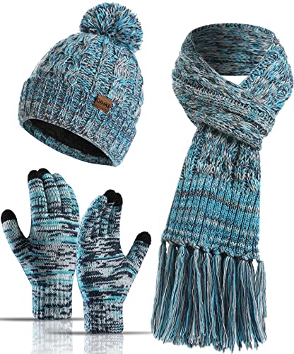 Winter Hat Scarf Gloves Set for Women Womens Knit Warm Hat Beanie Long Scarf Touchscreen Gloves Skull Caps Neck Scarves