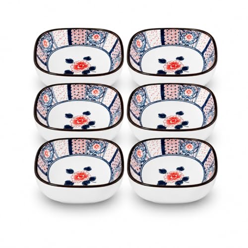 Image of Japanese Ceramic Dip Bowl Set of 6 | 200ml Small Square Sauce Bowls for Soy Sauce, Chutney, Snacks & Dry Fruits | Glazed Sushi Dip Dishes, Dishwasher & Microwave Safe (Hana Bloom)