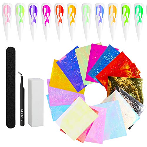 19 Pcs Nail Art Stickers Fire Flame Decal Self-Adhesive Nail Stickers with Polishing Sponge Nail File Tweezers DIY Manicure Decorations Kit for Women Lady