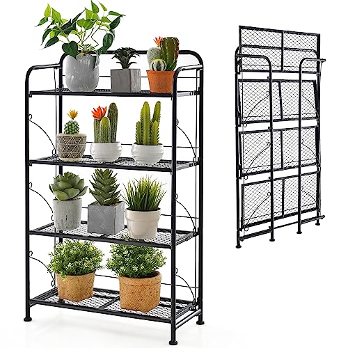 HOMASIS Scaffale per Piante a 4 Ripiani, Portavaso Pieghevole, Porta