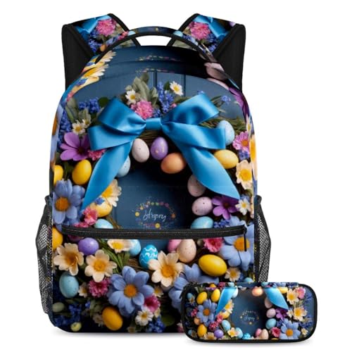 Sacs à dos de jour fille et garçon tendance avec trousse scolaire couronne de Pâques bleue