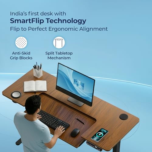 Image of The Sleep Company AeroFlip Adjustable Desk | SmartFlip Ergonomic Tabletop | Height Adjustable 72-120 cm | Wireless Charging | Temperature Controlled Drink Tray |1200 mm | Wooden & Black
