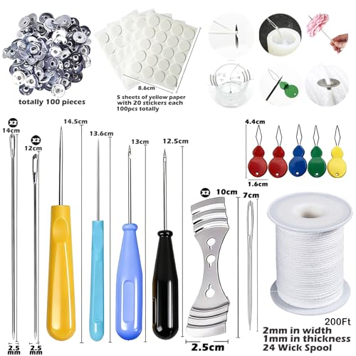 Image of Candle Wick Needle Kit Candle Wick Inserting Tool Mold Punch Needle with Hook & Eye, Large-Eye Needle for Candle Silicone Molds,Candle Wick Roll 200 Ft 24 Wick Spool,Threader,Wick Holders