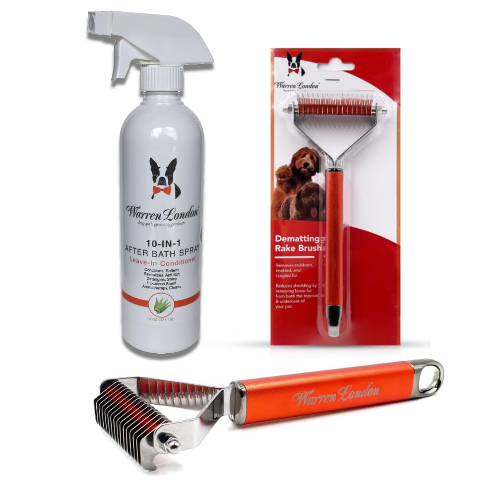 Warren London 10-in-1 Dog Spray & Rake Brush Combo | Detangles, Softens & Reduces Shedding | 16oz After Bath Spray + Dematting Rake | $40 Value – Now