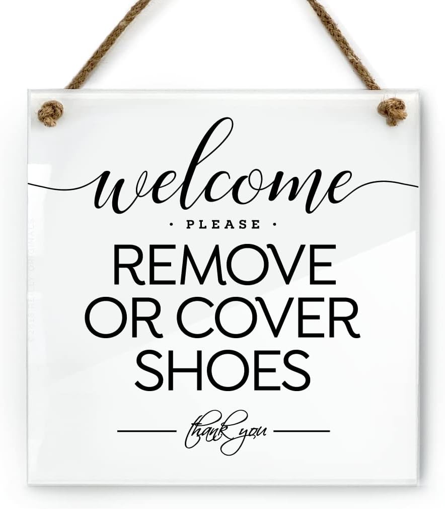 Elegant Remove or Cover Shoes Sign | Premium Acrylic | Includes Rope | 151mm x 151mmx 3mm (1)