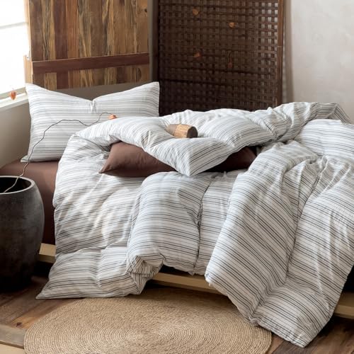 Image of VM VOUGEMARKET Striped Duvet Cover Set, 100% Washed Cotton Textured Minimalist Bedding Set, Ticking Pinstripe Farmhouse, 3 Pieces, White Black Stripes, Queen Size