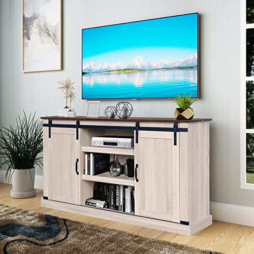 Rainbow Sophia Tv Stand With Storage Cabinet, Sliding Barn Doors And Adjustable Shelves, Modern 30" H, White Oak/Dark Walnut #TOP2
