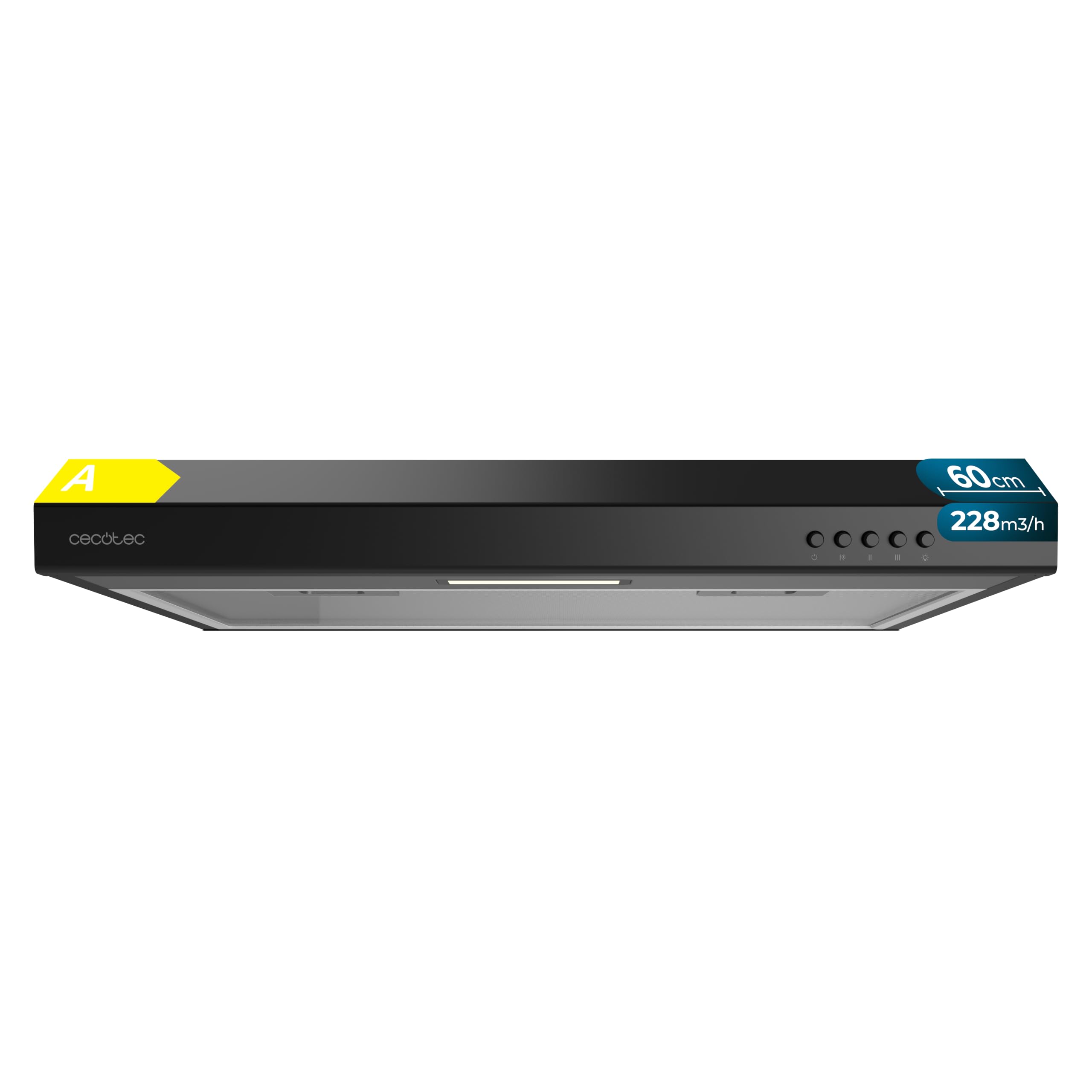 Cecotec Campana Extractora Convencional 60 cm Bolero Flux CM 602100 Black A. Acabado Pintado Negro, Succión 228 m³/h, 3 Velocidades, Filtro de Aluminio, Clase A, Motor BLDC y Luz LED