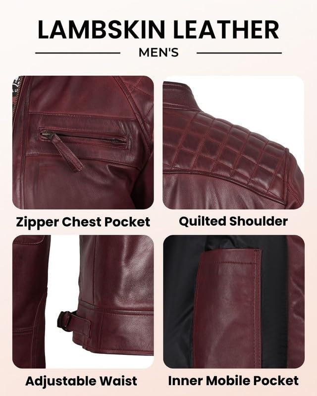 Image of Blingsoul Men's Leather Motorcycle Style Jacket - Quilted Cafe Racer Biker Style Jacket for Men