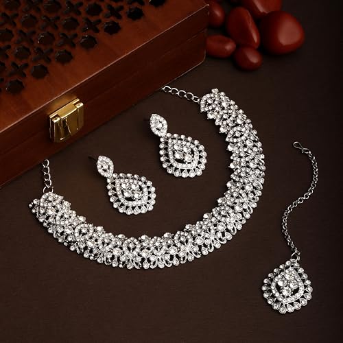 Image of Atasi International Silver Plated White Crystals American Diamonds Stylish Necklace Set with Earrings and Maang Tikka for Women and Girls | Stylish Jewellery for Party, Wedding and Festive Occasions (R6151)