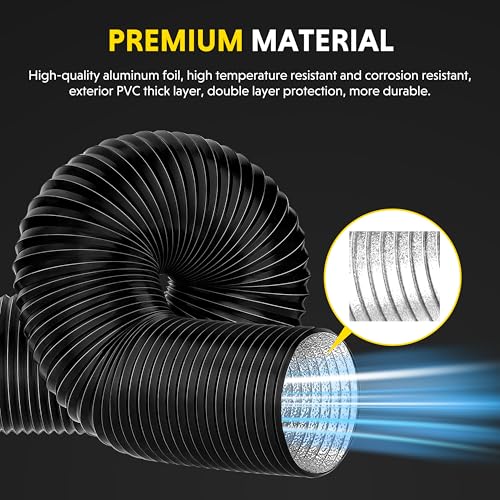 Image of iPower Flexible 3 Inch 16 Feet Aluminum Ducting 4 Layer Protection Dryer Vent Hose for HVAC Heating Cooling Ventilation and Exhaust, 2 Clamps Included, Black