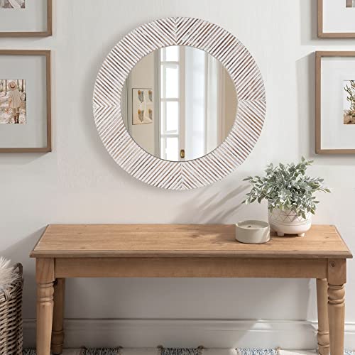 Wood Round Mirror 22 Inch Farmhouse Round Mirror For Wall Decor, Solid Wood Circle Wall Mirror, Round Decorative Mirror For Living Room Bedroom Bathroom Entryway #TOP4