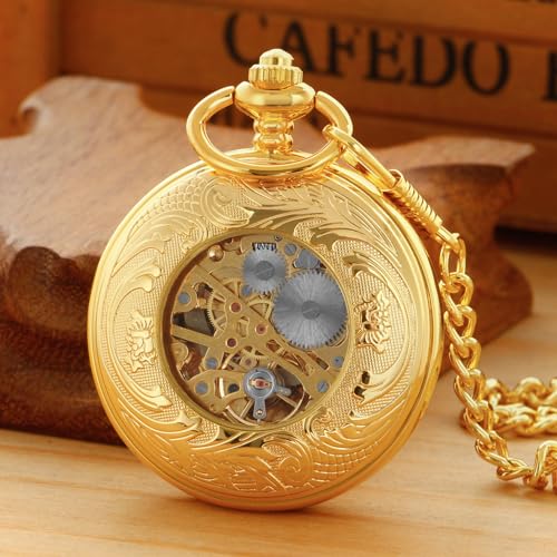 Image of Black and Silver Roman Numeral Dial Mens Mechanical Moon Phase Design, Moon Sun Pattern Skeleton Mechanical Pocket Watches for Men with Case and Chain - Black