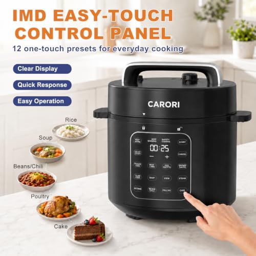 Image of CARORI 6 Qt Electric Pressure Cooker, 9-in-1 Multi-Cooker with 2 Inner Pots, 6 Qt Stainless Steel Pot and 5 Qt Ceramic Nonstick Pot, 12 Presets, IMD Touchscreen, Black