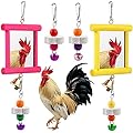 Sumind 2 Pieces Chicken Mirror Toys Hanging Swing Mirror with Bell Wooden Pecking Toy and 4 Pieces Beak Grinding Molar Stones for Hens Birds Parrots