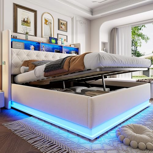 MQGPM Cama tapizada de 180 x 200 cm, cabecero con almacenamiento, cama hidráulica con cajonera e iluminación, marco de cama con somier, cama de almacenamiento para dormitorio y habitación de invitados