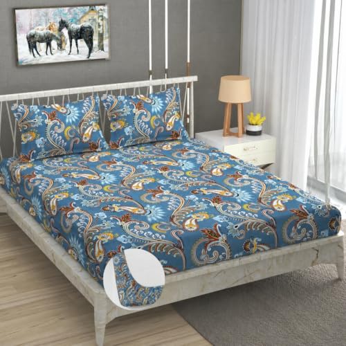 Image of Vram Premium Heavy Cotton Elastic Fitted Bedsheets with 2 King Size Pillow Covers || Double Bed with All Around Elastic 350 TC || 72 x 72 x 10 Inch King Size Fitted || :- Blue Jaipuri