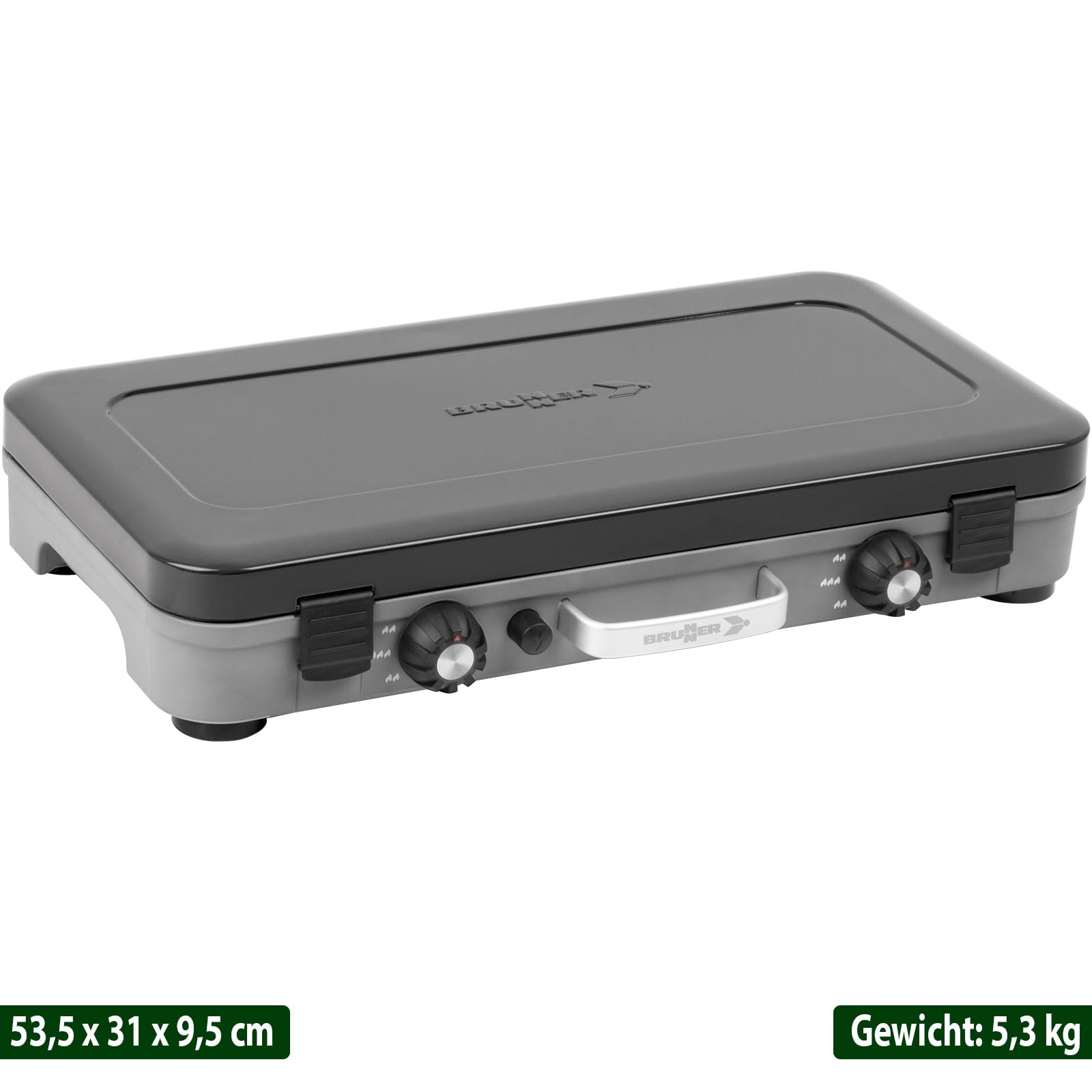 BRUNNER: 2-in-1 Tisch Camping-Kocher 2-flammig Edelstahl Gasgrill & Gaskocher - POWERKOOK 50mbar mit Grillplatten - mit Gasregler + Gaschlauch