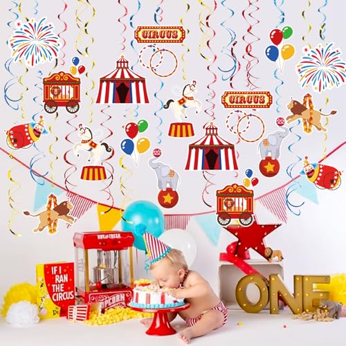 Image of Carnival Hanging Swirl Set Party Decorations, 48 Pcs, Circus Joker Balloon Party Supplies Sign,Red Blue Yellow