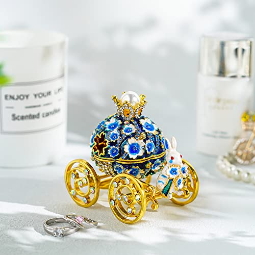 Image of YU FENG 3'' Hand Painted Enamel Pumpkin Carriage Trinket Box With Bunny Flowers Hinged Jewelry Organizer with Crystals Ring Earrings Storage Home Decor Figurine Keepsake Collectible
