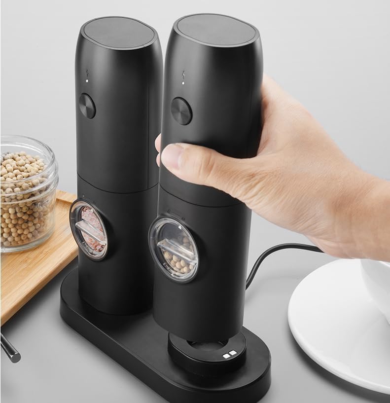 Electric Dual Coffee Grinder Set, Black, Stainless Steel, with Charging Base, Modern Design, Kitchen Household Use