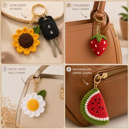 Image of Handmade Crochet Keychain Combo for Girls Women Cute Aesthetic Sunflower Strawberry Watermelon Daisy Knitted Keychain Bag Charm Purse Charm Car Key Ring Backpack Accessories Gift
