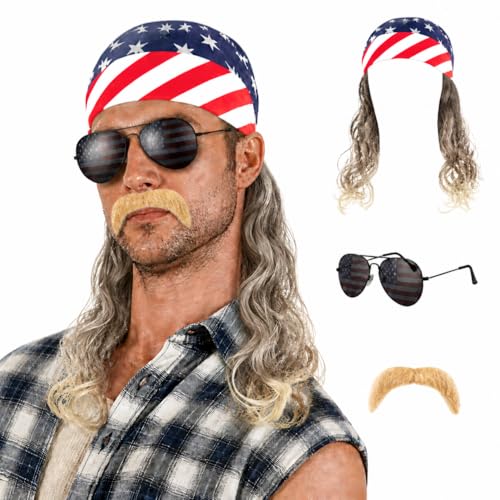 GenmeiFBH Black Blonde Mullet Wigs for Men America 250th Anniversary Wig for 4th of July Costumes Patriotic Party Accessory Stars and Stripes Design Mohawk Hair Wig