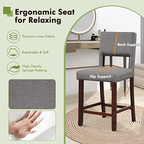 Image of COSTWAY 24.5'' Counter Height Barstools Set of 2 w /Rubber Wood Legs, Grey | Linen Upholstered Bar Stools w / Hollowed Back & Footrest, Mid-century Modern Tall Chair for Kitchen Island Home Bar Pub