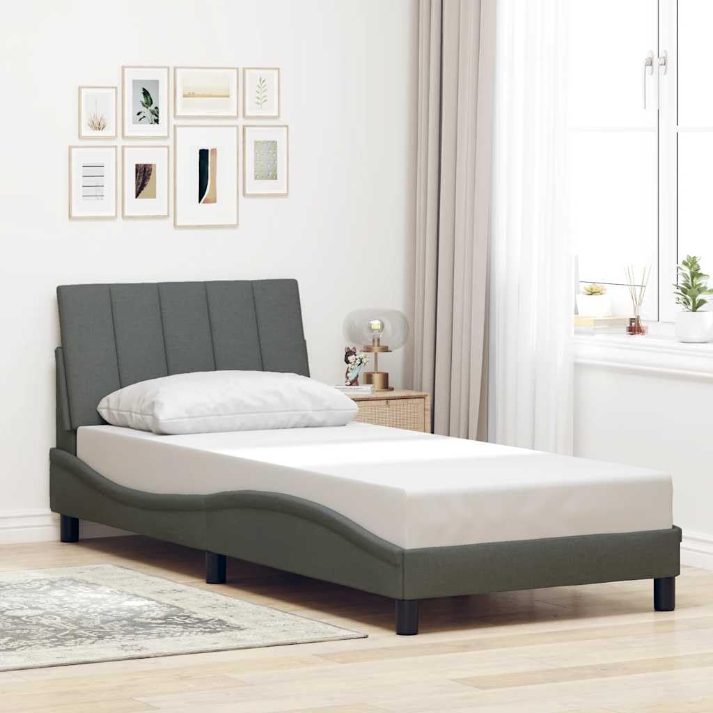Hanko rama łóżka, ciemnoszara, 90 x 200 cm, obicie materiałowe, z poduszką pod głowę, oświetlenie LED, stabilne nogi podporowe, nowoczesne wzornictwo, meble do sypialni